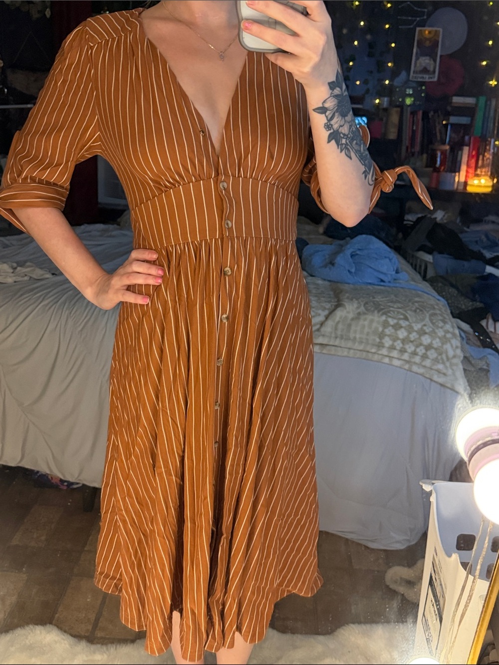 Women’s Striped Button-Front Midi Dress in Rust